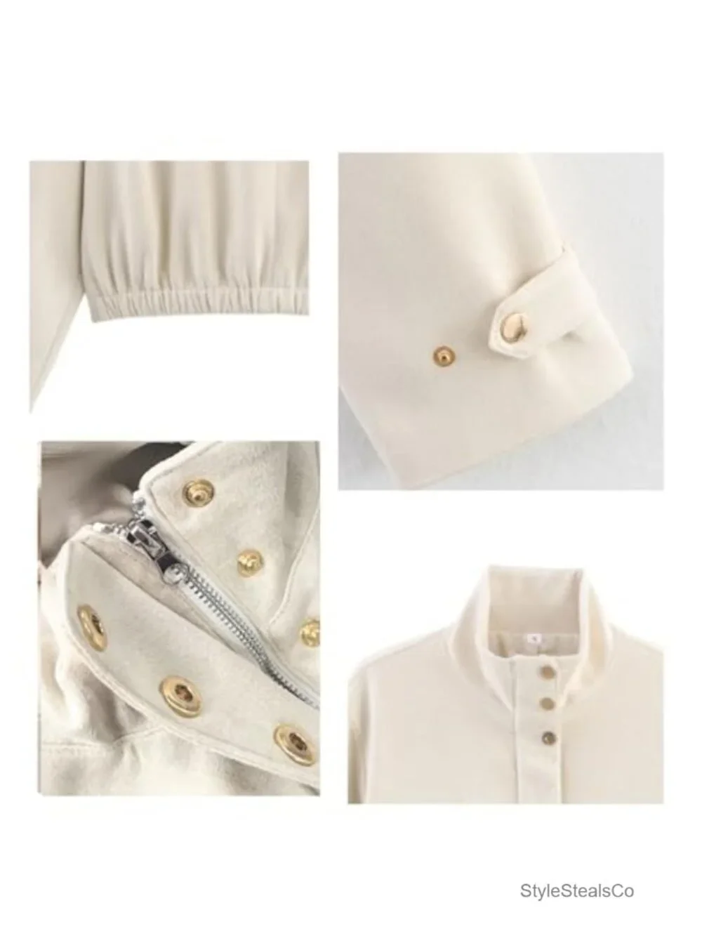 Faux Suede Cropped High Neck Utility Button Front Jacket Pockets